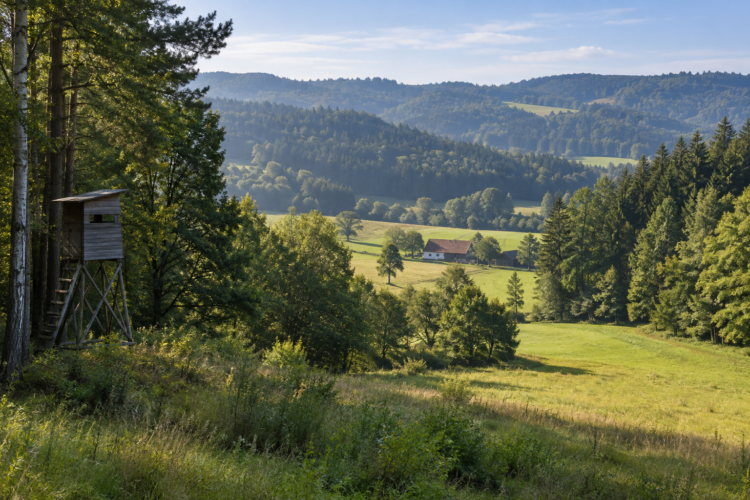 Waldlandschaft mit Wiesen, Hofgebäude und Hochstand